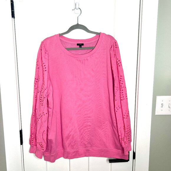 Talbots Bubblegum Pink Crew Neck Eyelet Lace Sleeve Sweatshirt Plus Size 2X - Picture 1 of 5